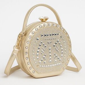 Glam Gold Round Evening Bag with Rhinestones & Diamond Clasp